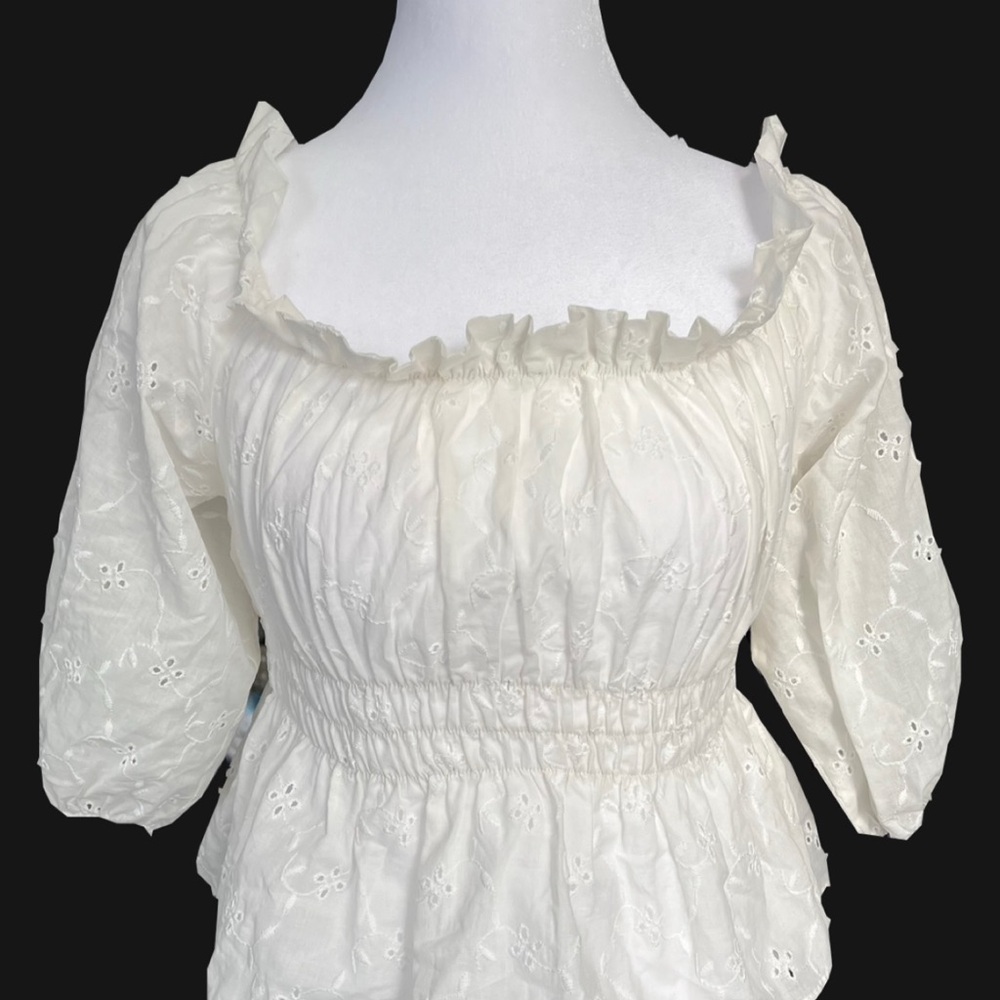 Zara Cream Eyelet Blouse with Ruffled Neckline